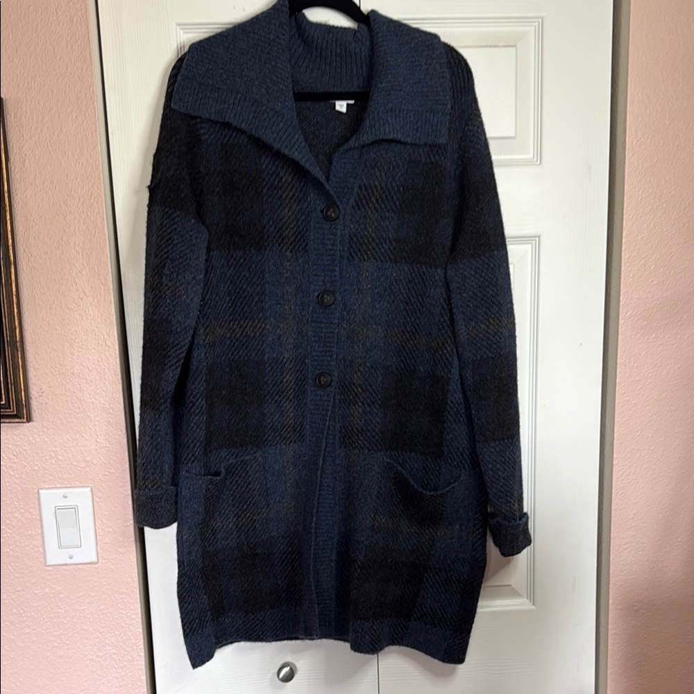 J. Jill Dark Blue Plaid Cardigan Size M Tall - Picture 2 of 9